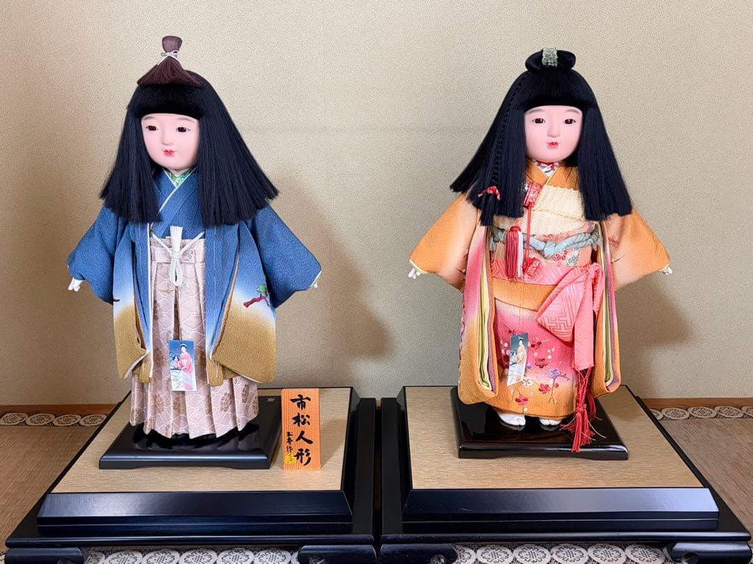 【高級　極美品】市松人形 玉秀作 ペア 男の子 女の子 ガラスケース有　台座付き