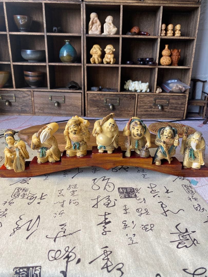 時代物　七福神 置物 山口 在銘有り 台座幅40.5cm 細密彫刻 開運 縁起物