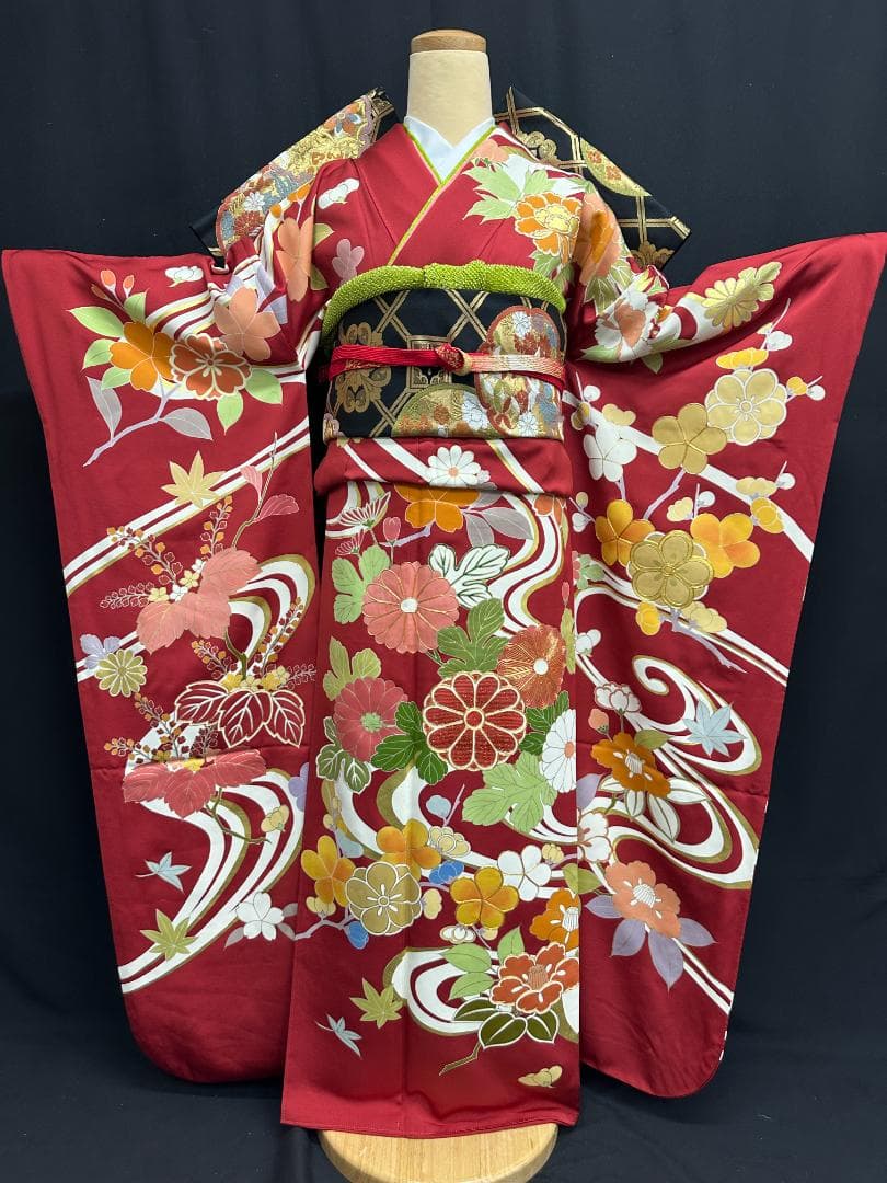 逸品 千總 赤地 刺繍 流水文 花 桐 振袖 川島織物 フルセット 松坂屋誂え