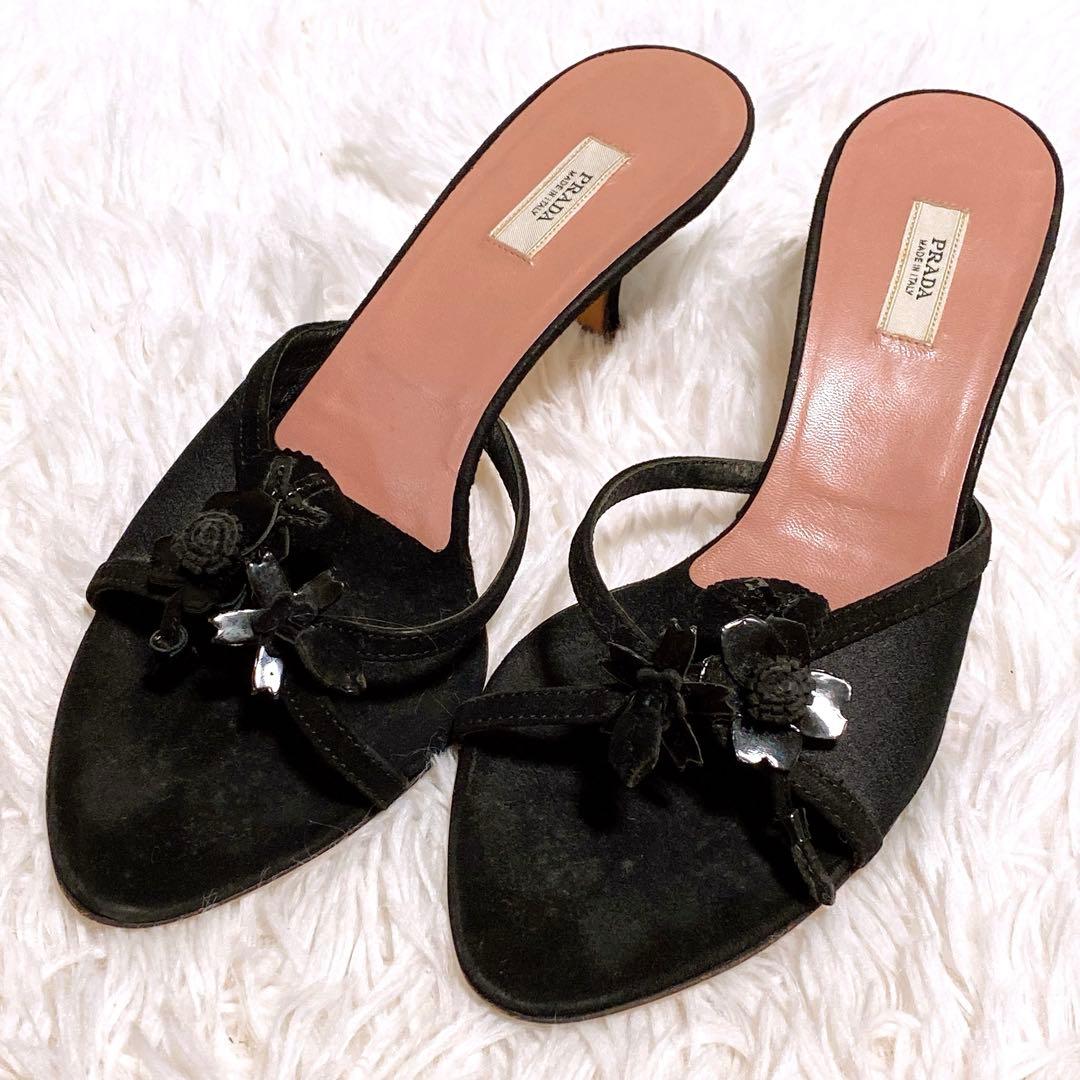 プラダ PRADAレザー フラワー サンダル ミュール 黒 36