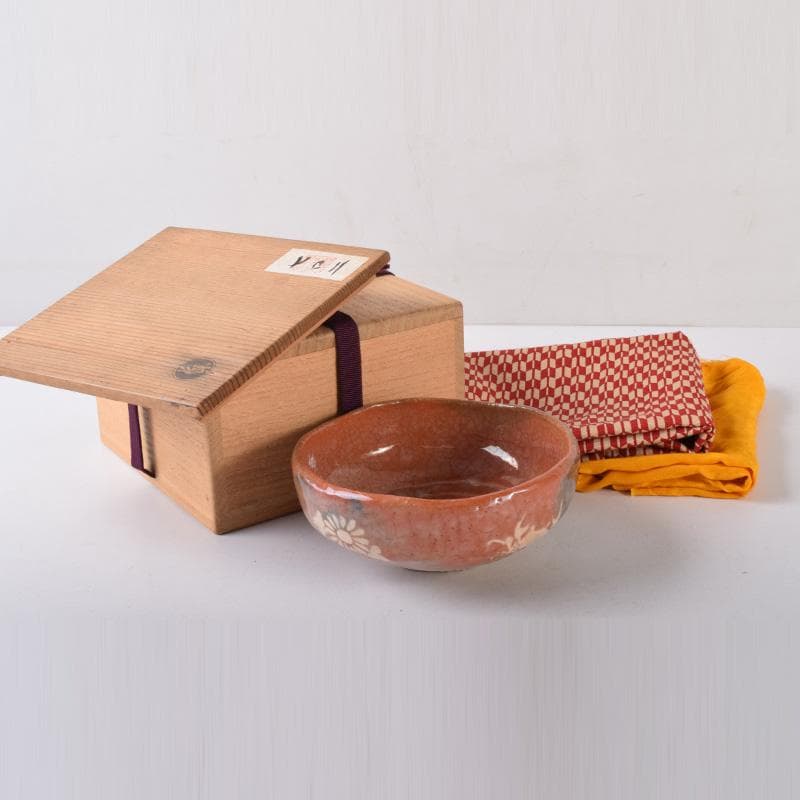 茶道具　楽焼　小川長楽造　花蟹文　赤楽平茶碗　夏茶碗　時代箱　C　7393