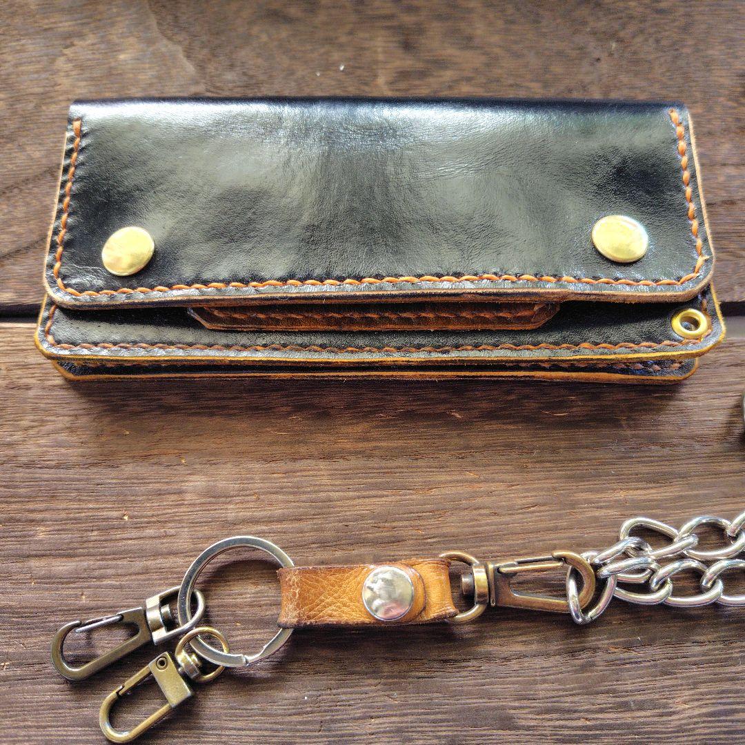 トラッカーウォレット ロング 黒×茶 手染め(79)