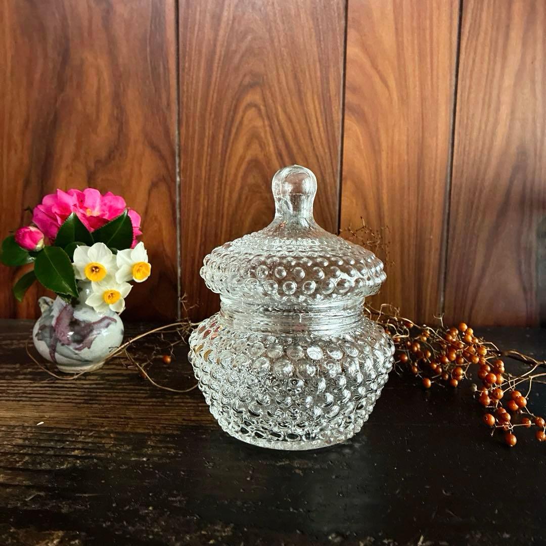 骨董　時代ガラス　希少　霰プレス　飴屋瓶　菓子瓶　お菓子入れ　ボンボニエール