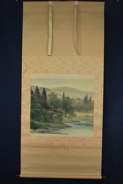 真作/白石勝敏/青緑山村図/布袋屋掛軸B-331