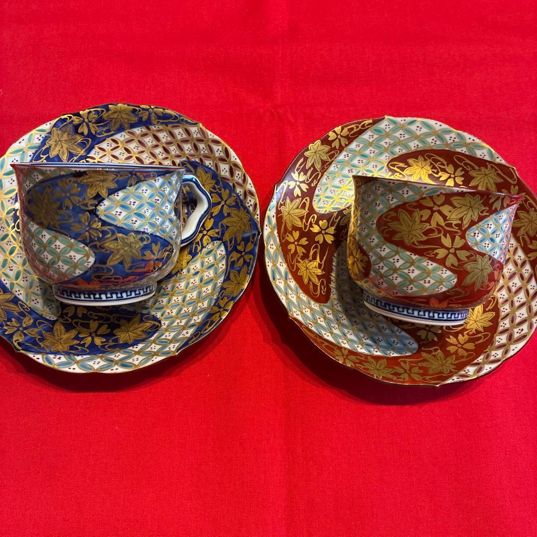 [希少品￼]清水焼 伊藤春晃 春晃窯　金彩桜紅葉三色金七宝紋カップ&ソーサー2客
