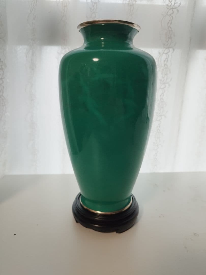 【希少】七宝焼 翡翠 花瓶 鶴 共箱 台座付き 美品