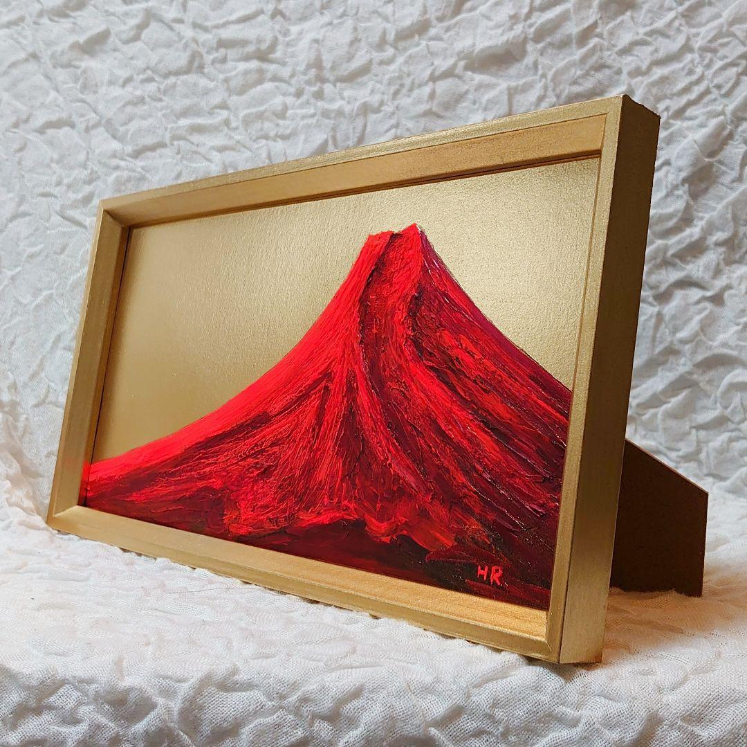 油絵 ミニ長方形絵画 【赤富士】