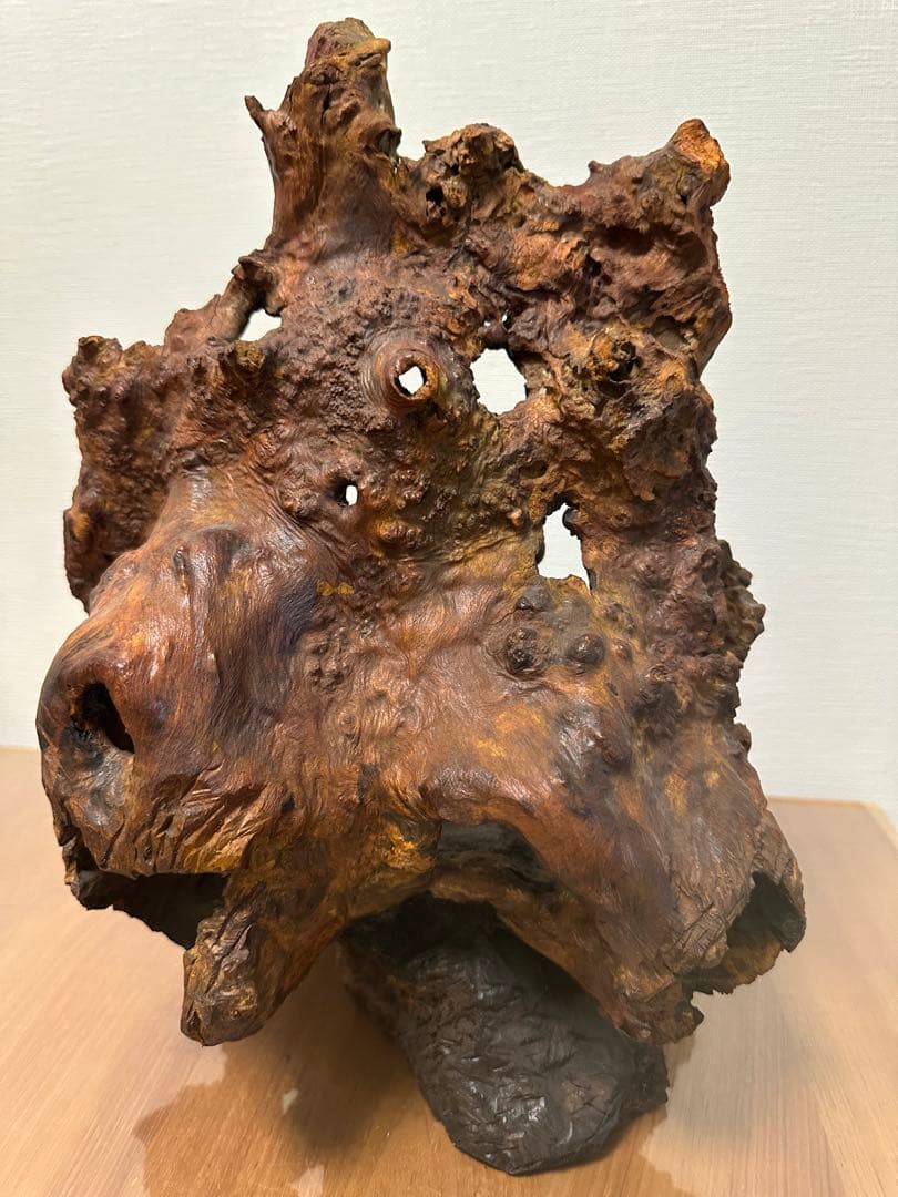 自然木の仏像彫刻 柿の木台座付き　不動明王