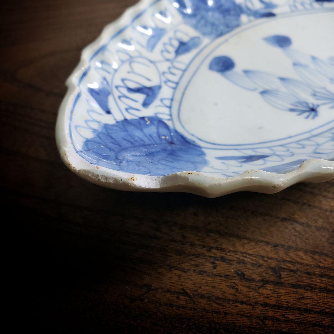 染付 楕円形 変形皿 砥草 訳あり 欠け 中国物 中国骨董 サボテン 微塵唐草