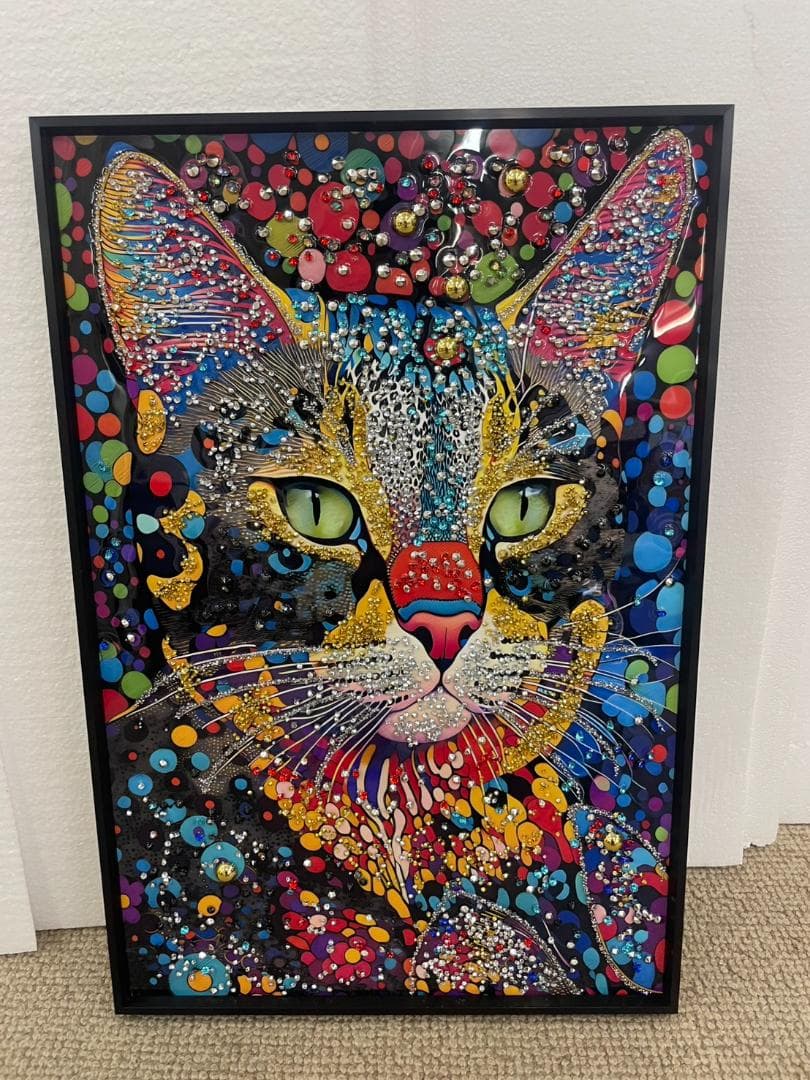 水晶絵　猫　ネコ　キャット　カラフル　アニマル　アートパネル　絵画　ペイント　絵