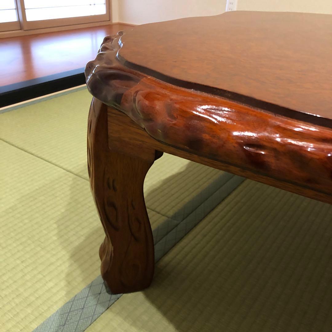 木製楕円形座卓 彫刻入り　 机　折りたたみ可能