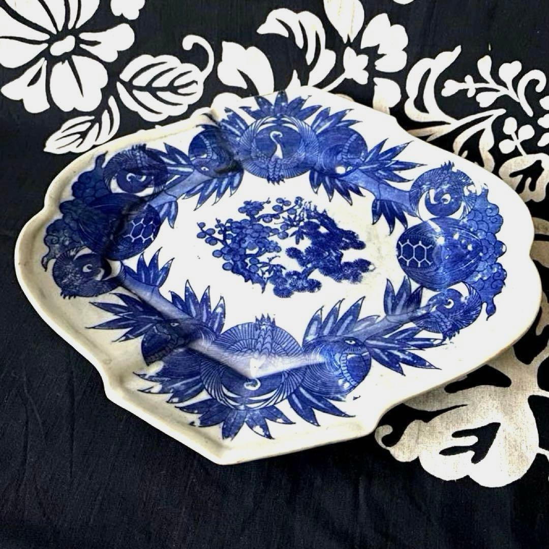 骨董　明治印判皿　鶴亀吉祥図菱皿　変形皿