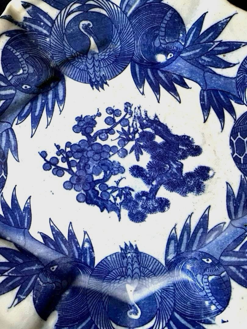 骨董　明治印判皿　鶴亀吉祥図菱皿　変形皿