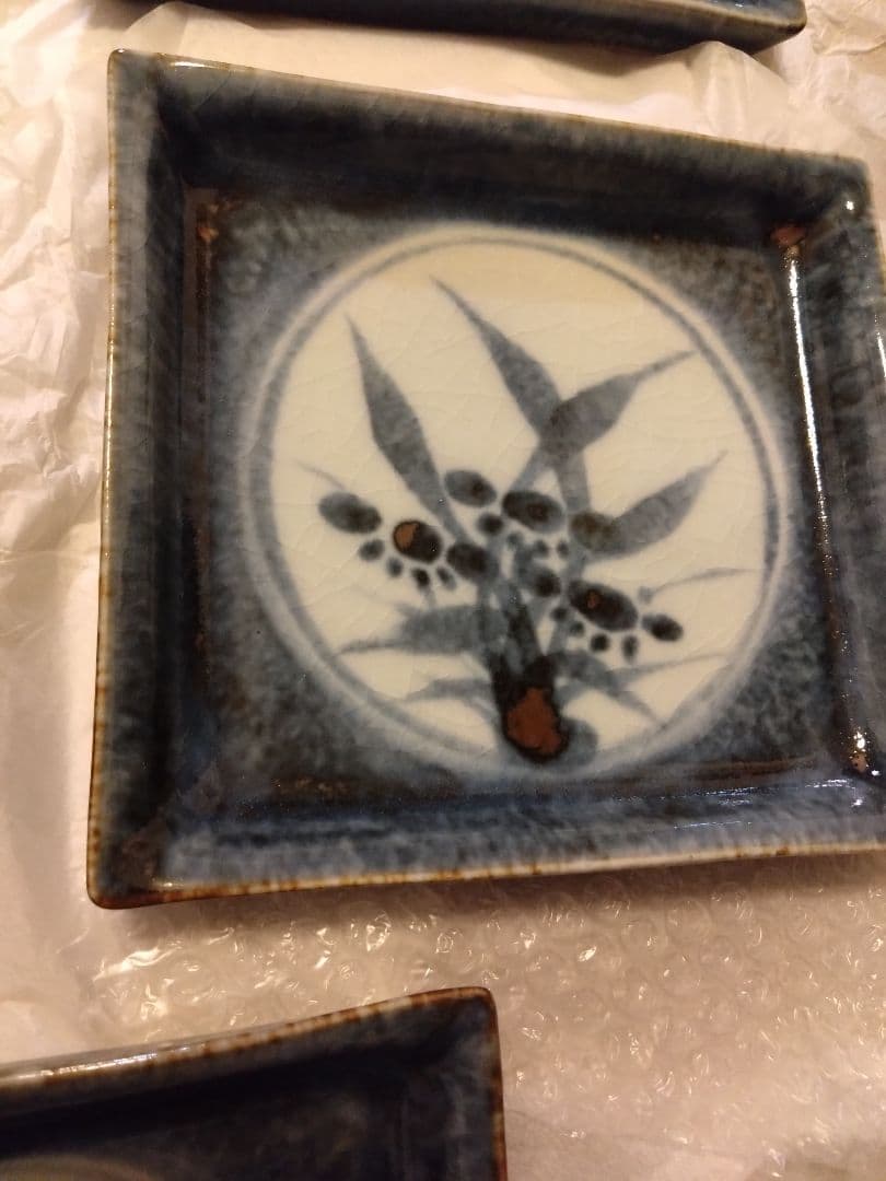 河井久★ 花紋角皿 角鉢 藍 5枚セット 民藝