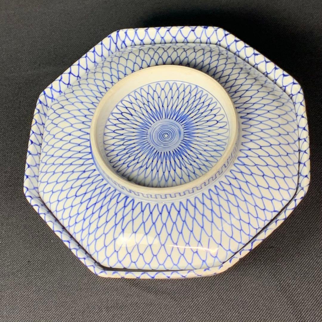 K631☆古伊万里 染付 手書き 網手 蓋もの 江戸後期