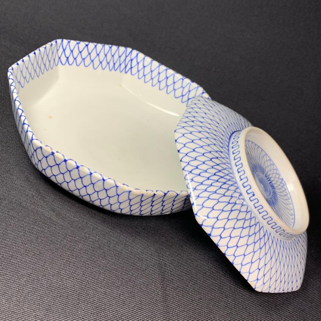 K631☆古伊万里 染付 手書き 網手 蓋もの 江戸後期