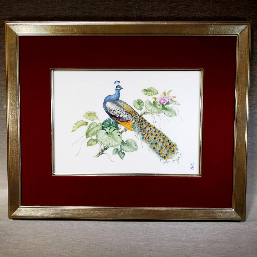 【美品 １級品】マイセン 孔雀 陶板画 プラーク 額装 送料込み