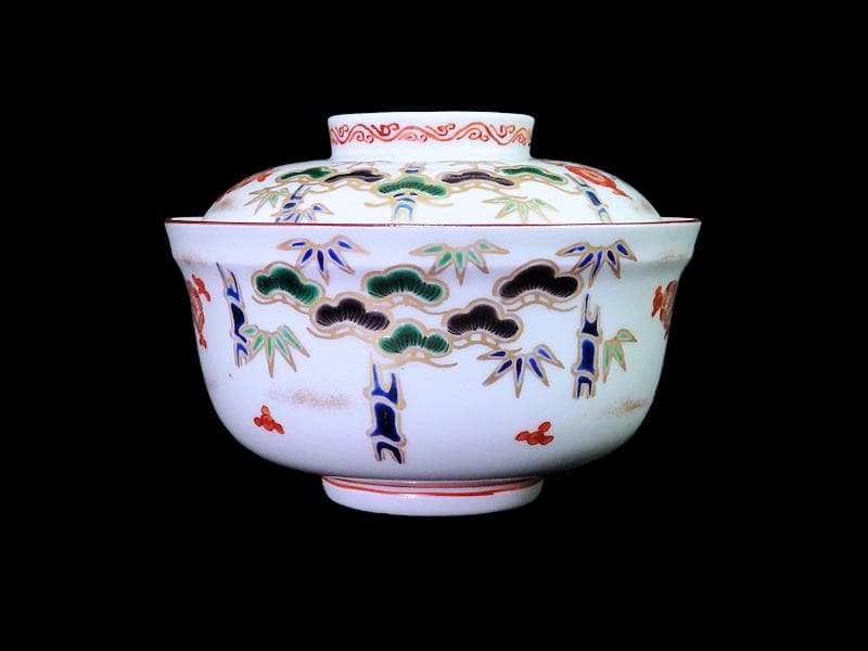 九谷　金襴手　松竹梅の図　大振蓋茶碗　２客　E938AS-CQx