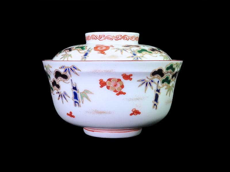 九谷　金襴手　松竹梅の図　大振蓋茶碗　２客　E938AS-CQx