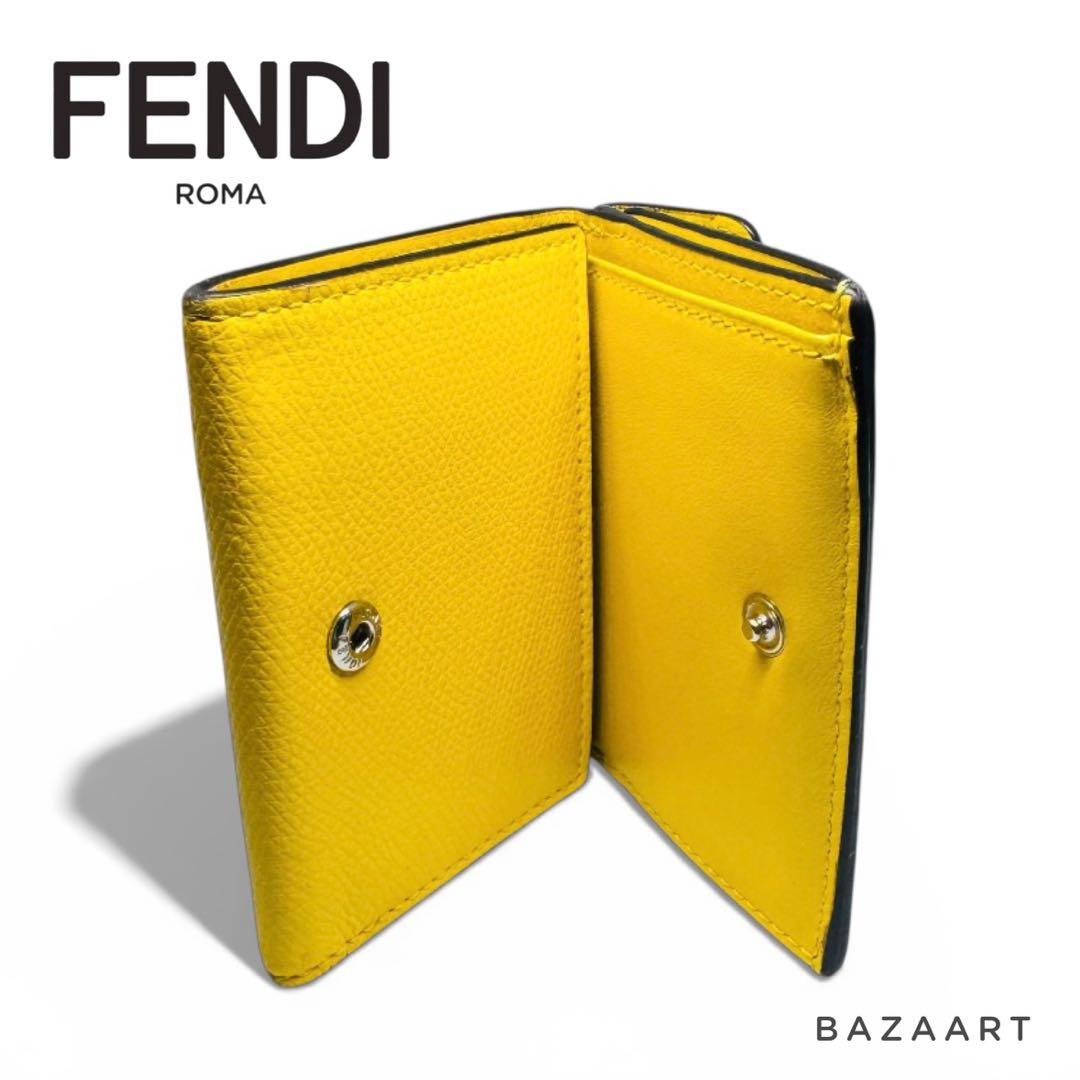 FENDI フェンディ 三つ折り財布 レザー ズッカ 黄色 イエロー ブラウン