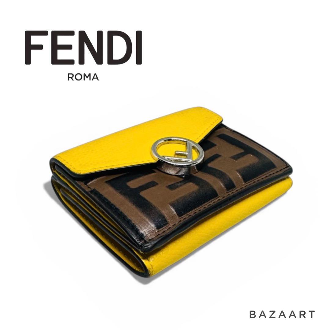 FENDI フェンディ 三つ折り財布 レザー ズッカ 黄色 イエロー ブラウン
