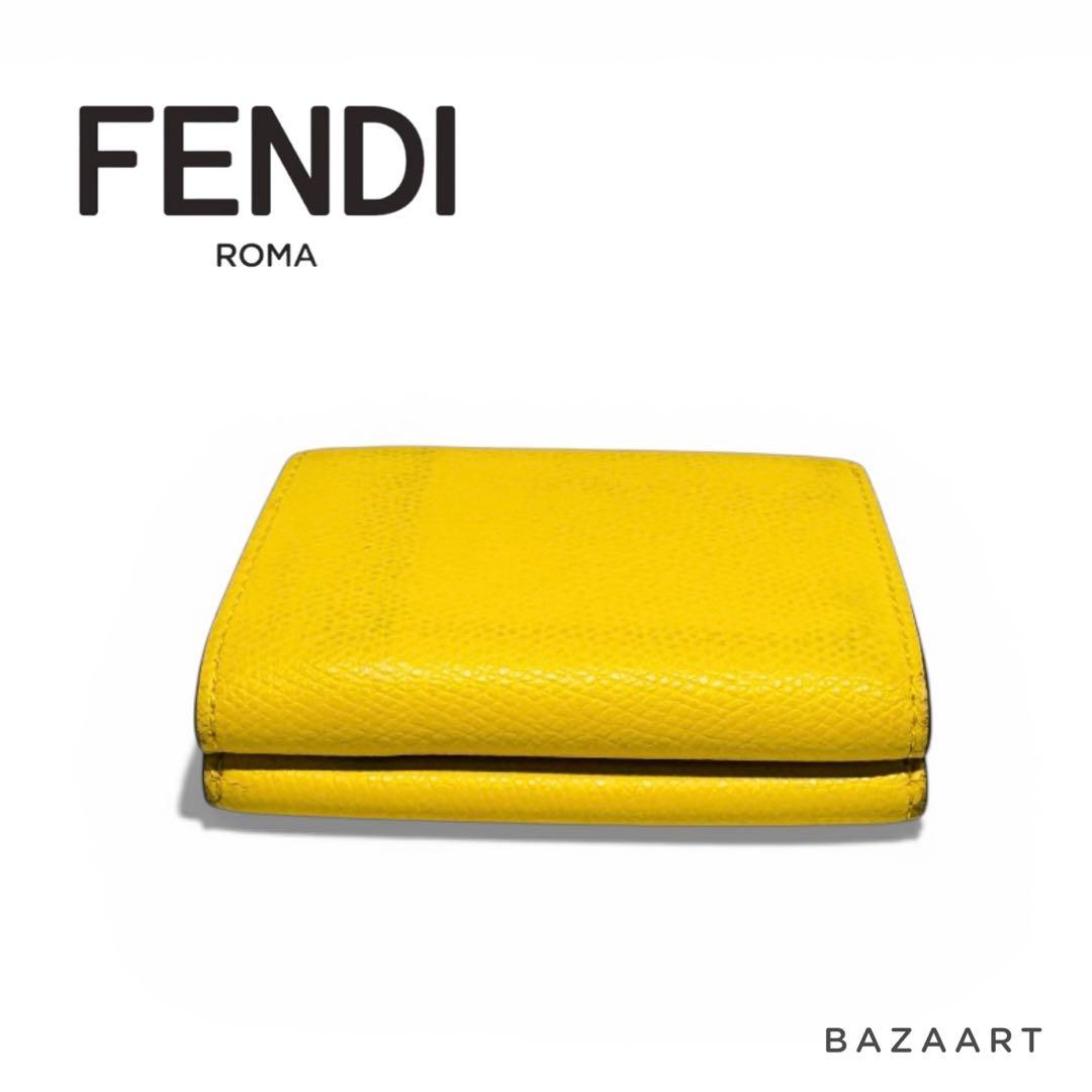FENDI フェンディ 三つ折り財布 レザー ズッカ 黄色 イエロー ブラウン