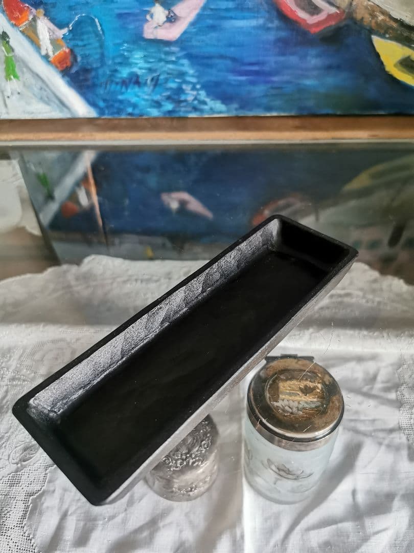 三谷龍二 黒漆 端正な細長深皿 角皿 木彫り漆塗り 美しいノミの目跡 作家物