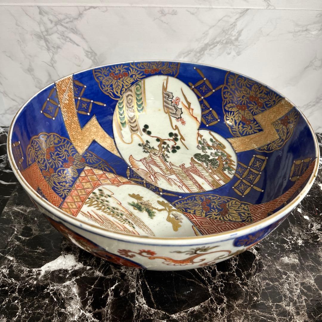 江戸、古伊万里、瑠璃、金彩窓絵、特大、楼閣山水図。無傷！