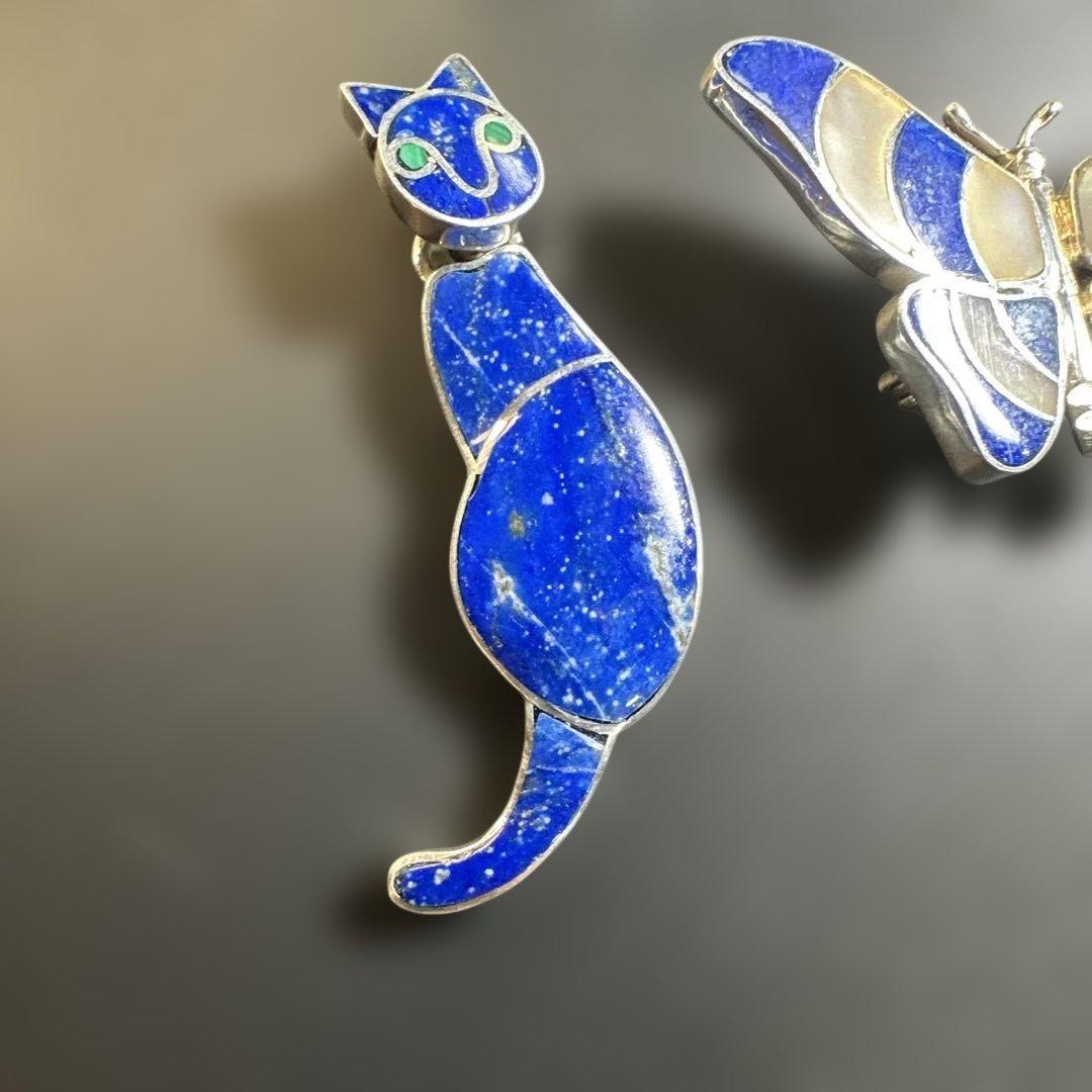 猫　ペンギン　蝶　シルバー970 ラピス　マラカイト　ブローチ他　2way