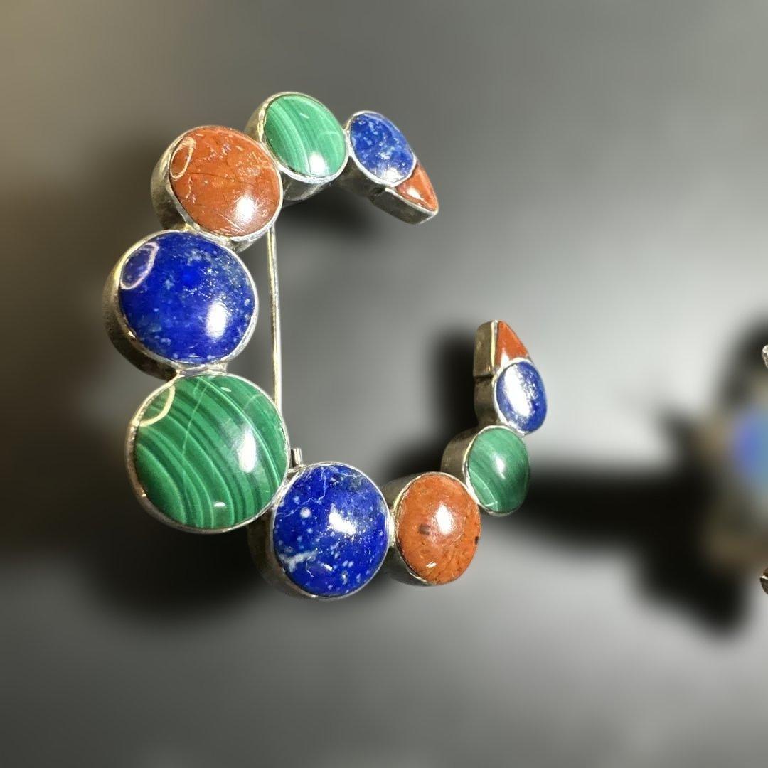 猫　ペンギン　蝶　シルバー970 ラピス　マラカイト　ブローチ他　2way