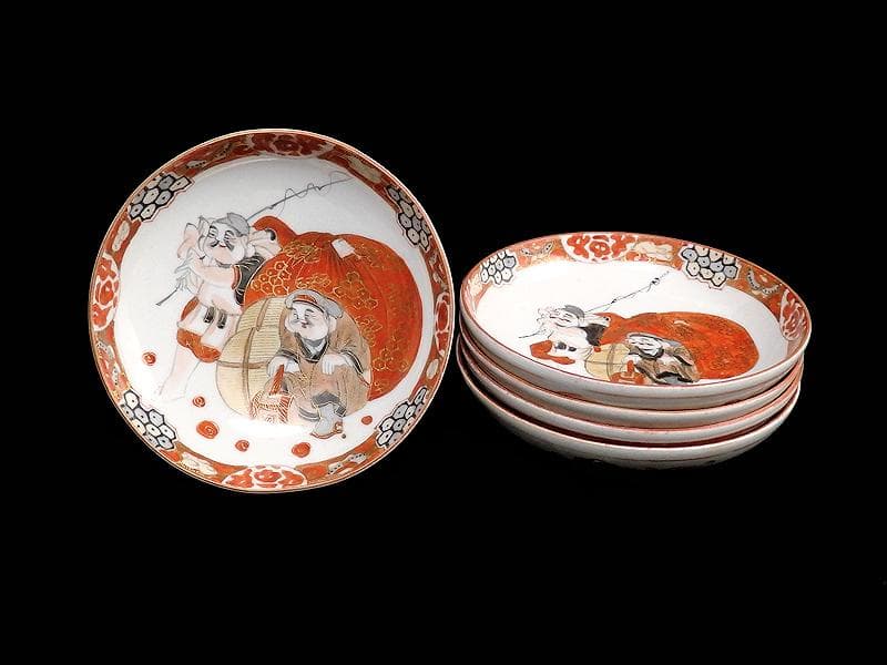 九谷焼　恵比寿大黒の図　橋田画　４寸皿　５枚　C317AS-COg