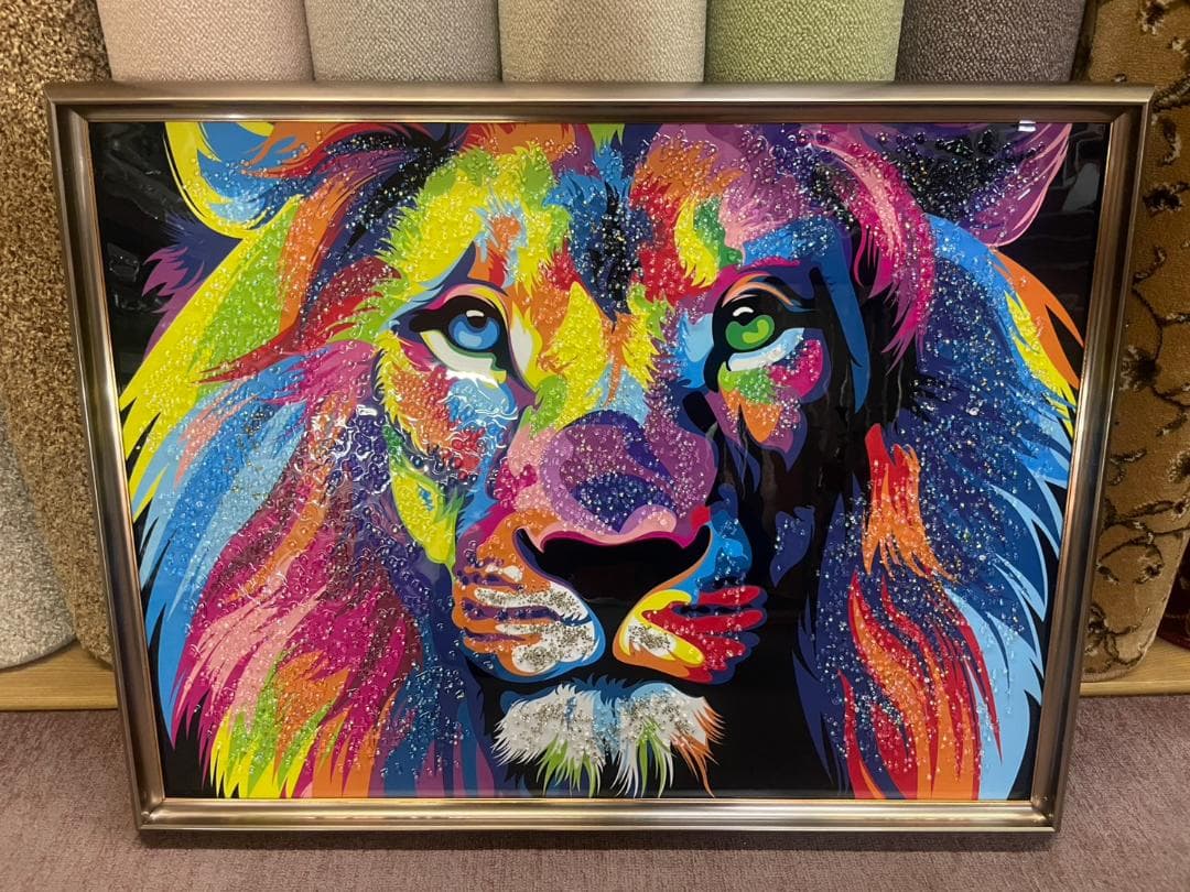 水晶絵　ライオン　幅80　カラフル　アニマル　アートパネル　絵画　ペイント　絵