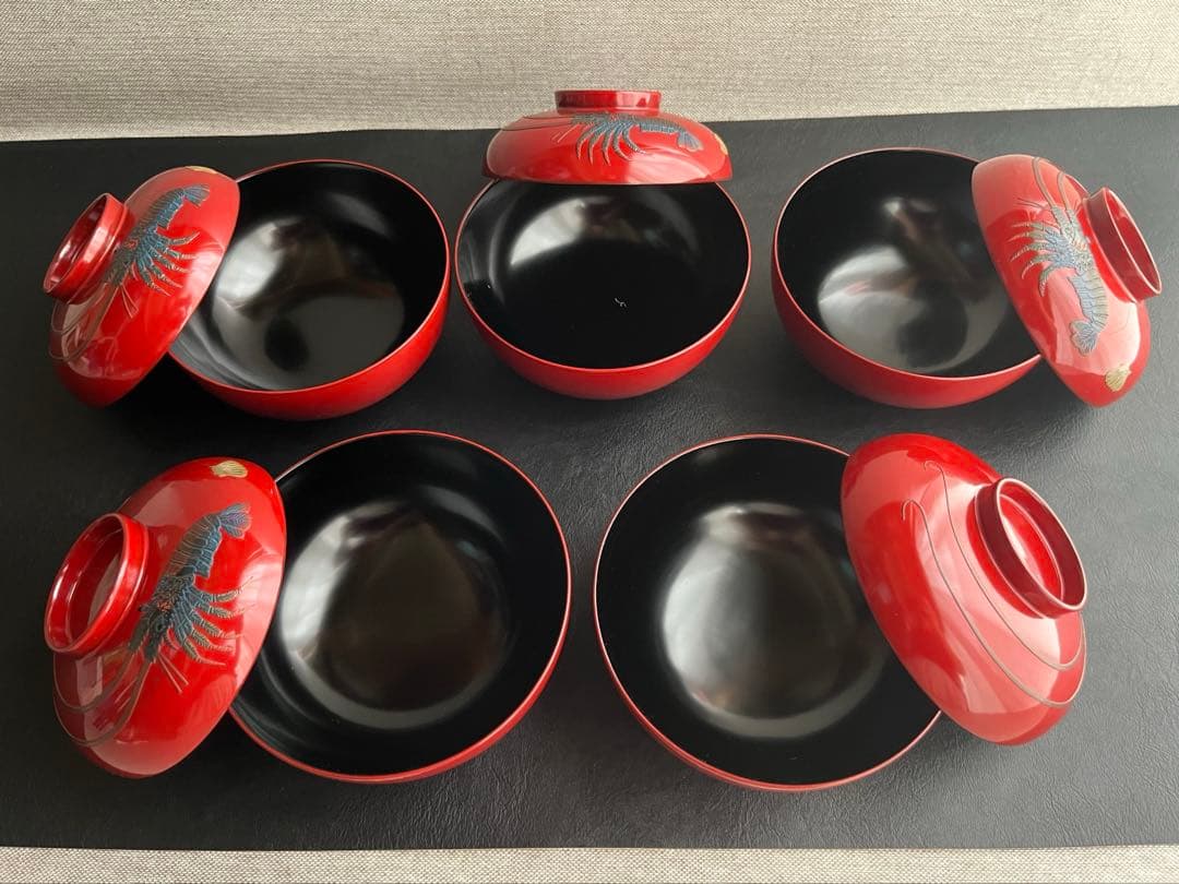 宮崎漆器　琉球ぬり　海老　えび　蓋付き椀　お椀　5点