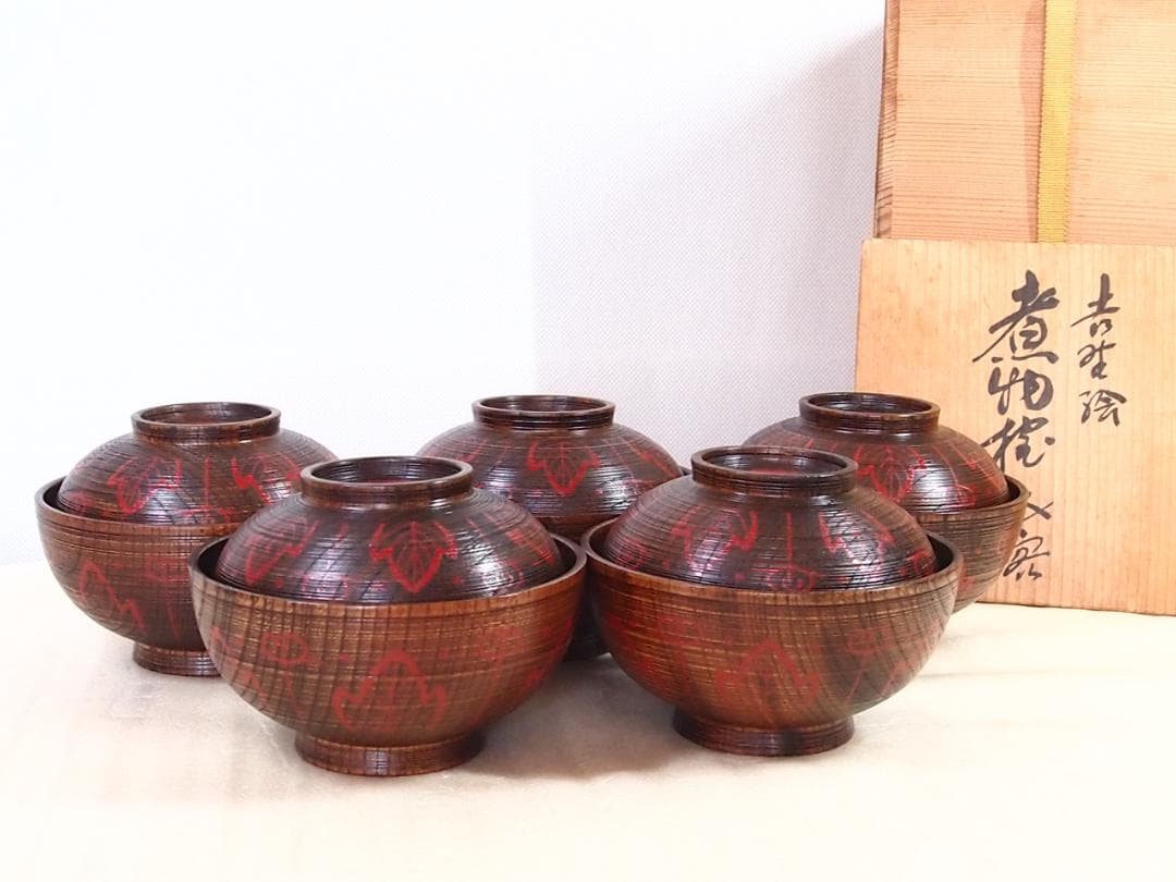 【良品】輪島塗 小崎清人 木地呂 吉野絵 煮物椀 5客 雑煮椀/大椀 漆器/食器