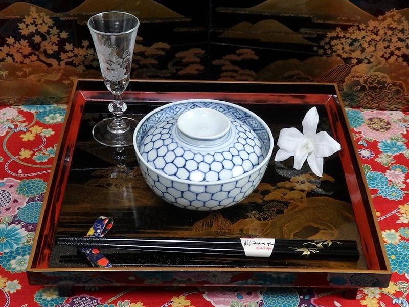 古伊万里　染付　亀甲紋の図　蓋茶碗　江戸期　E212AS-fbip