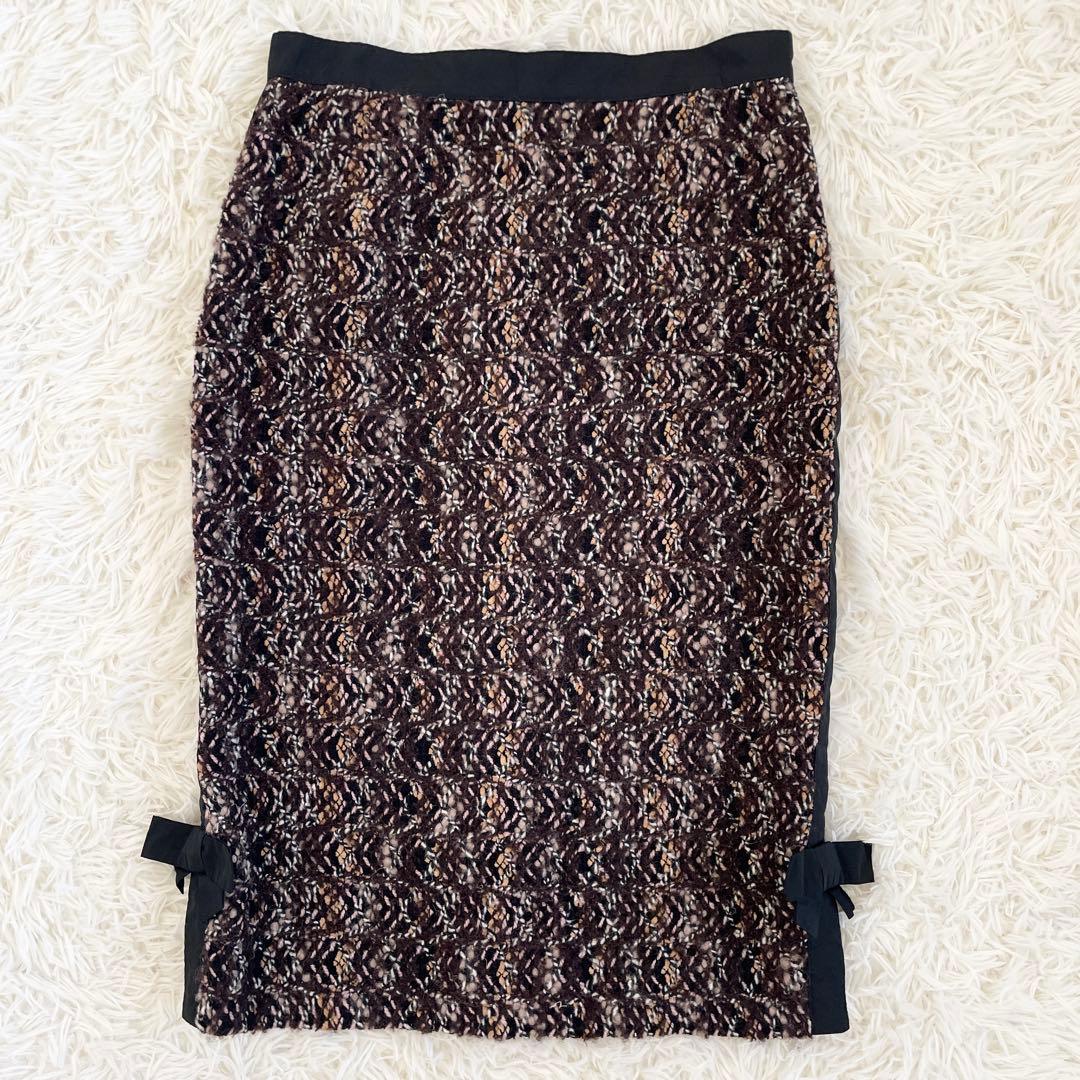 未使用級　ルイヴィトン　膝丈　タイトスカート　ツイード　サイドリボン　L　茶
