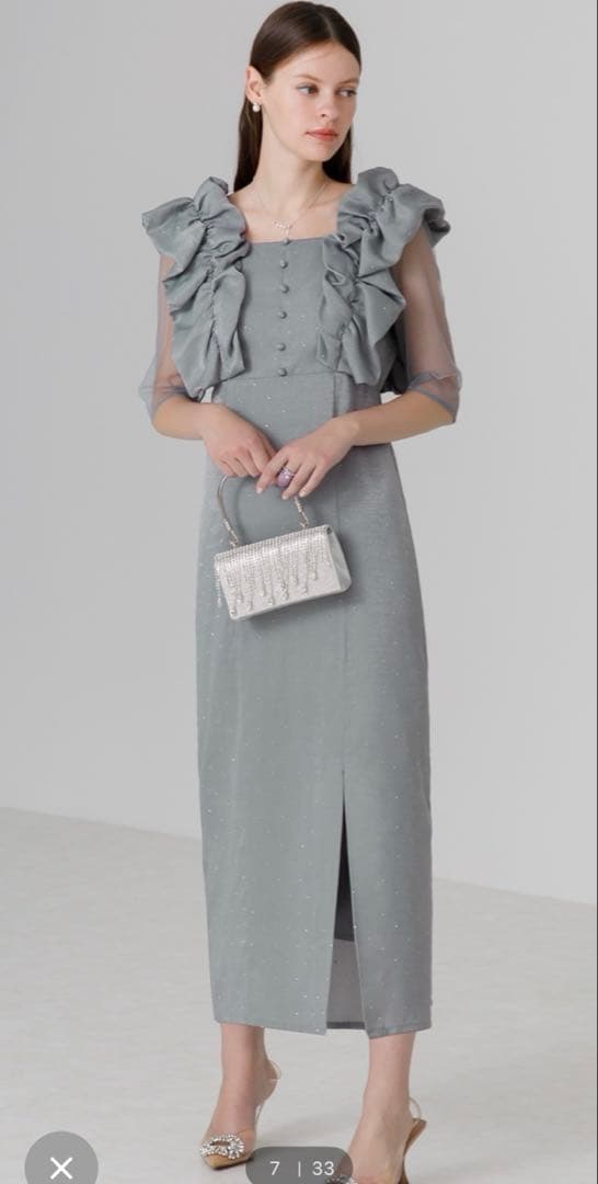 【LEJA】フリルショルダーストーンIラインドレスワンピース