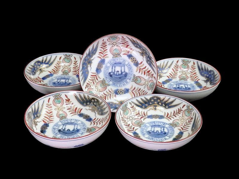 古伊万里　染錦　龍に赤壁の賦図　５枚　250AS-CXr