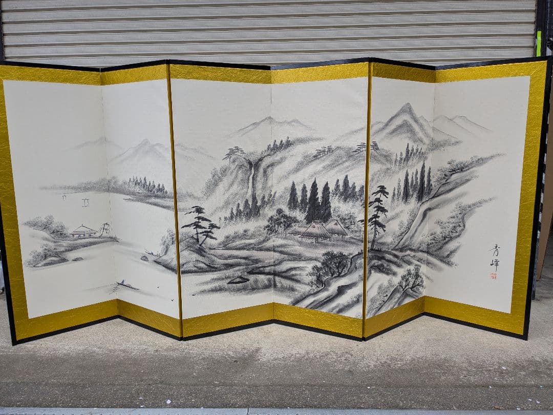 【秀峰銘】山水図屏風 風景図約259×116㎝ 金紙 片面 六曲 屏風 日本画