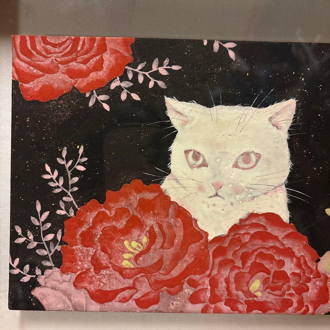 阿部千鶴 SM号 花日 絵画 猫 日本画 本物保証