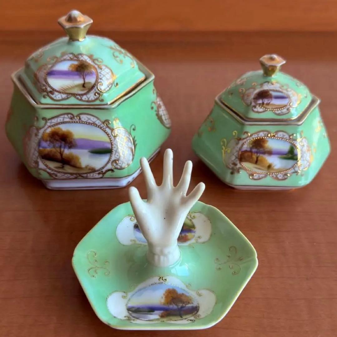 オールドノリタケ　里帰り　オクトゴナル　六角　蓋もの3点セット　金盛り