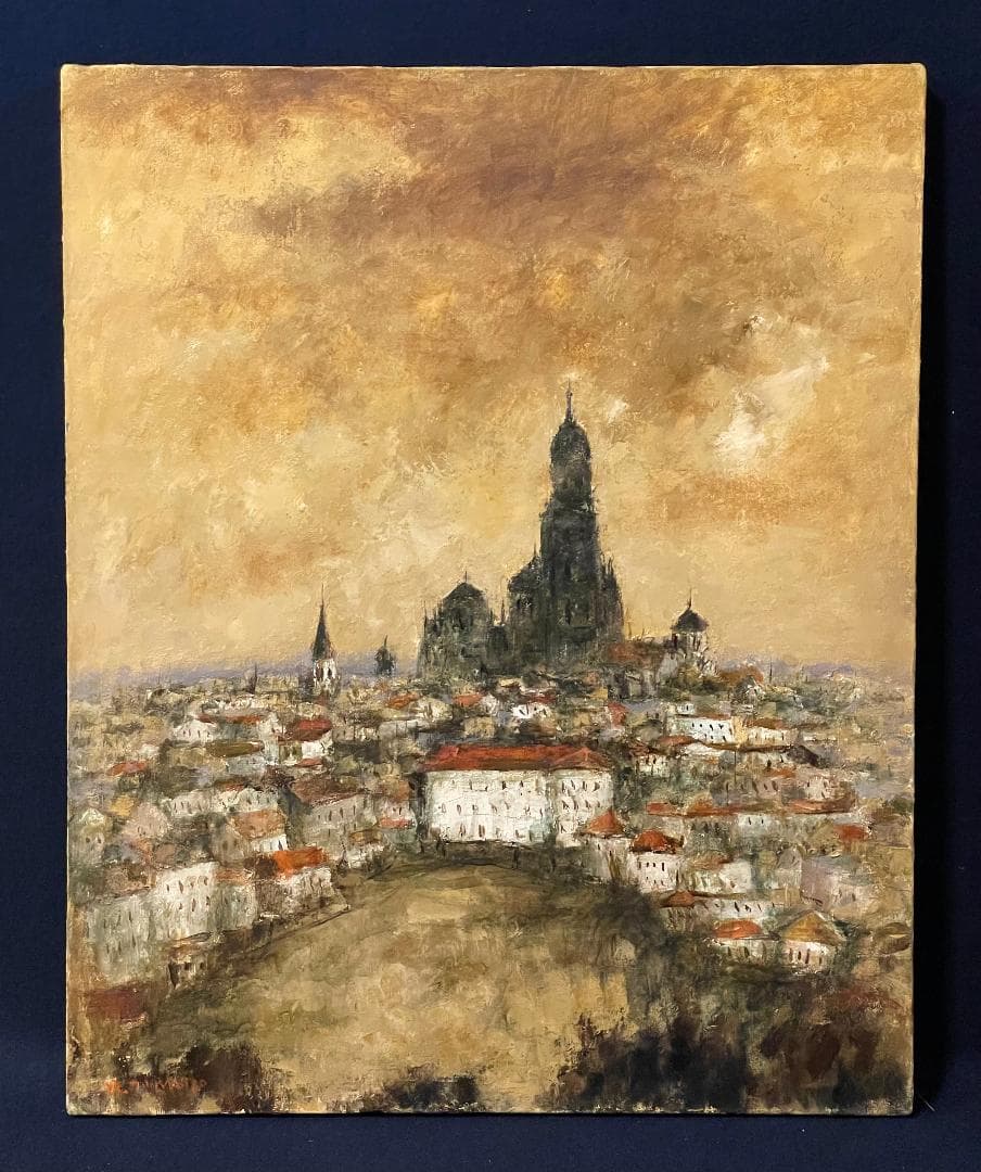 【模写】千本裕三「教会の見える丘」風景画　油彩画　額装　サイン有り　F15号