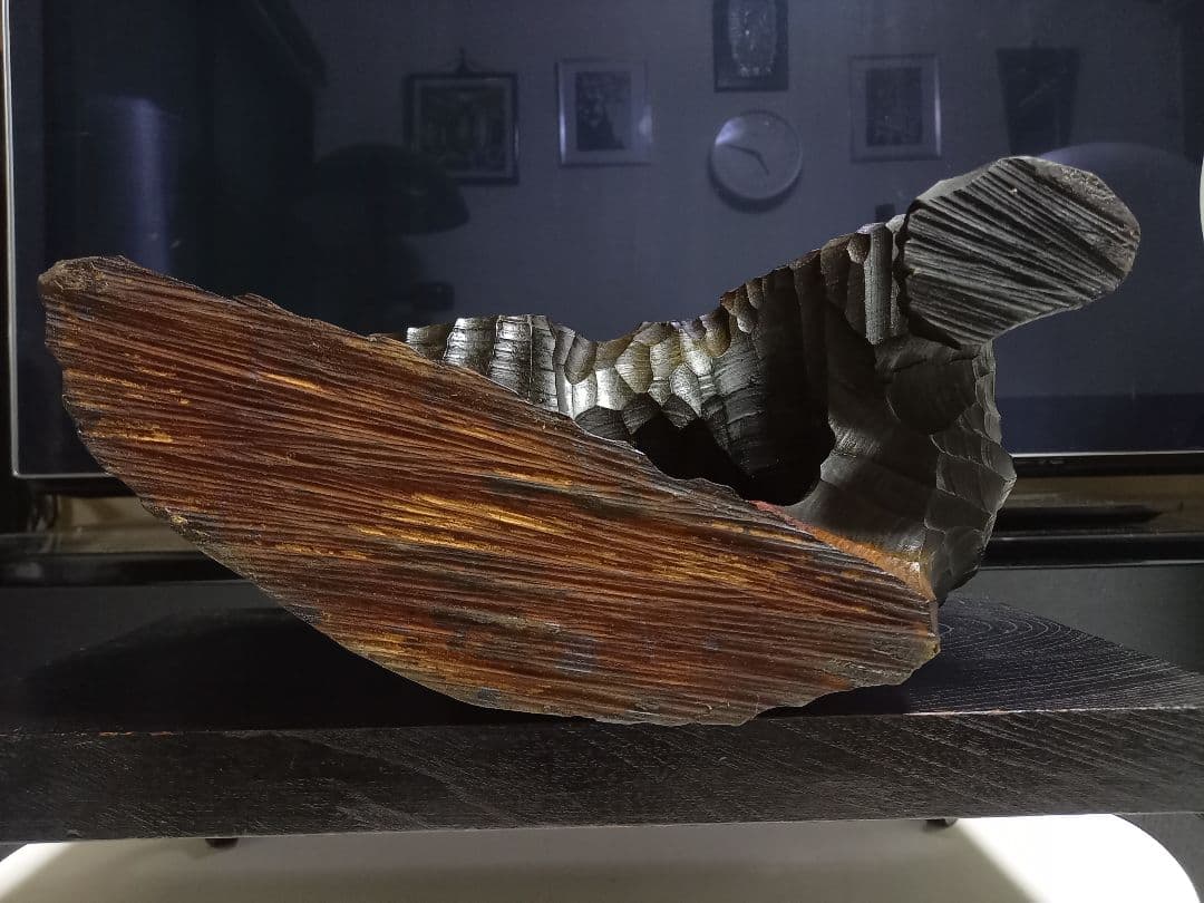 北海道　農民　民芸　大型　木彫り　硝子目　鮭背負い熊　台座　付属