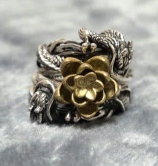 ☆かすう工房☆睡蓮リング&ドラゴンリング☆3点セット　花　龍　竜　和風