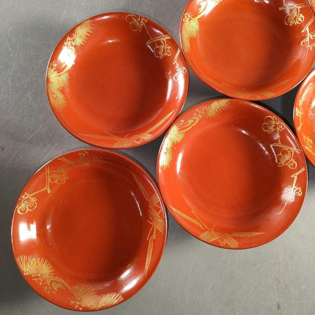 A1375-5/輪島塗/金彩松竹梅堀画輪島朱色木皿20客/向付/懐石道具/銘々皿