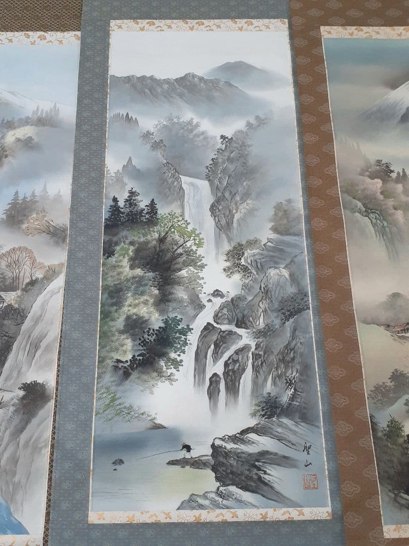 葛谷聖山　春夏秋冬 四季山水図　肉筆絹本　四幅掛軸　共箱　美品