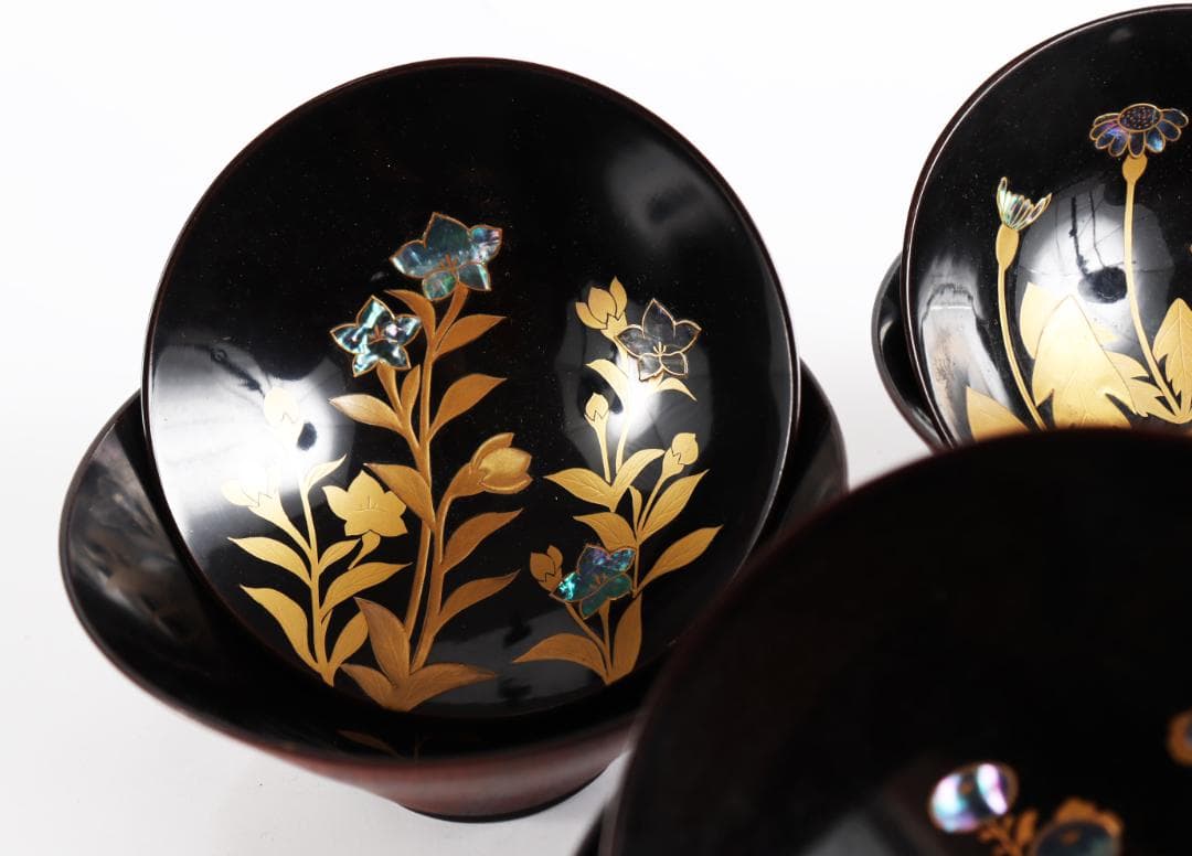 糸目 内梨地 螺鈿 花 図替 吸物椀 五客 蒔絵椀 懐石道具②