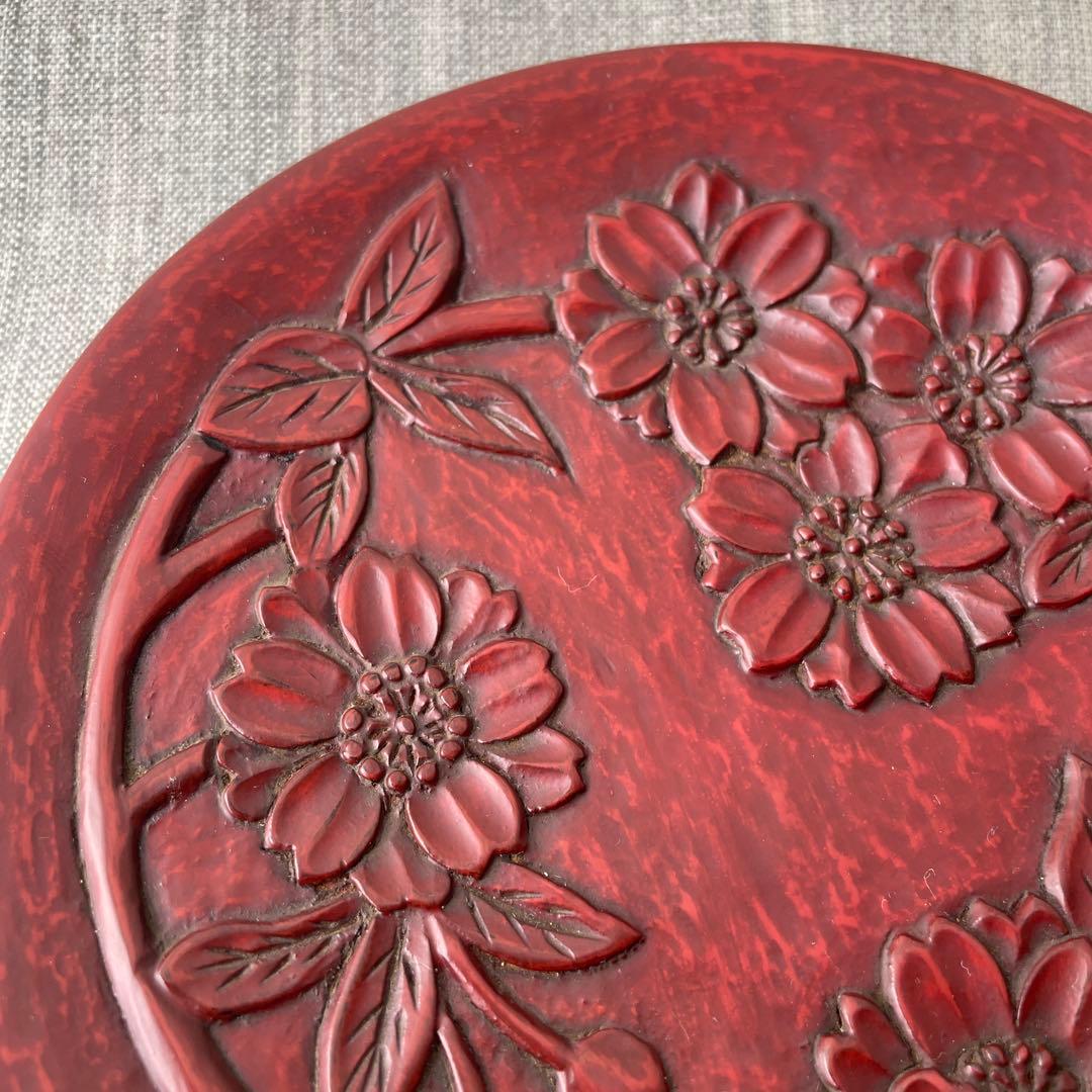 確認用　鎌倉彫　八重桜　サクラ　漆器　木製　木彫り　菓子皿　5寸皿