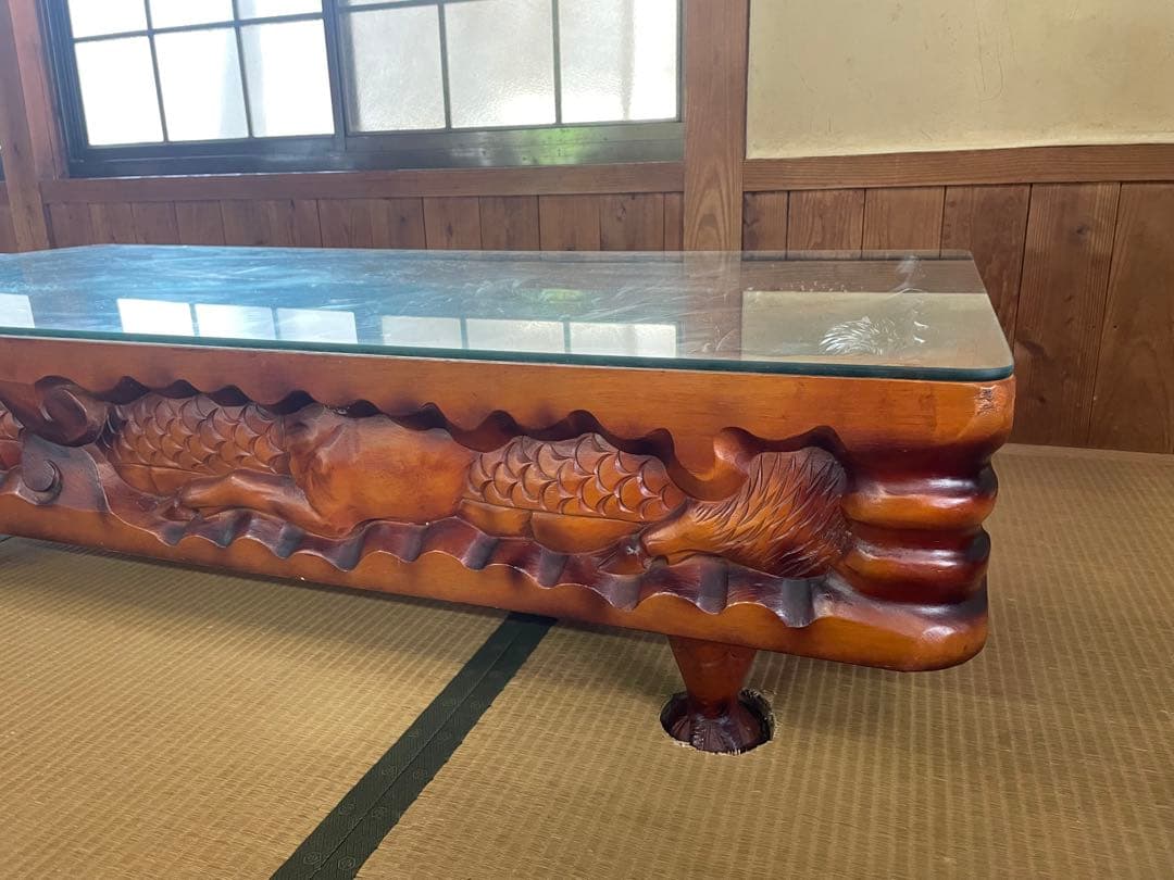 干支 彫刻 木彫 テーブル アンティーク ガラス天板