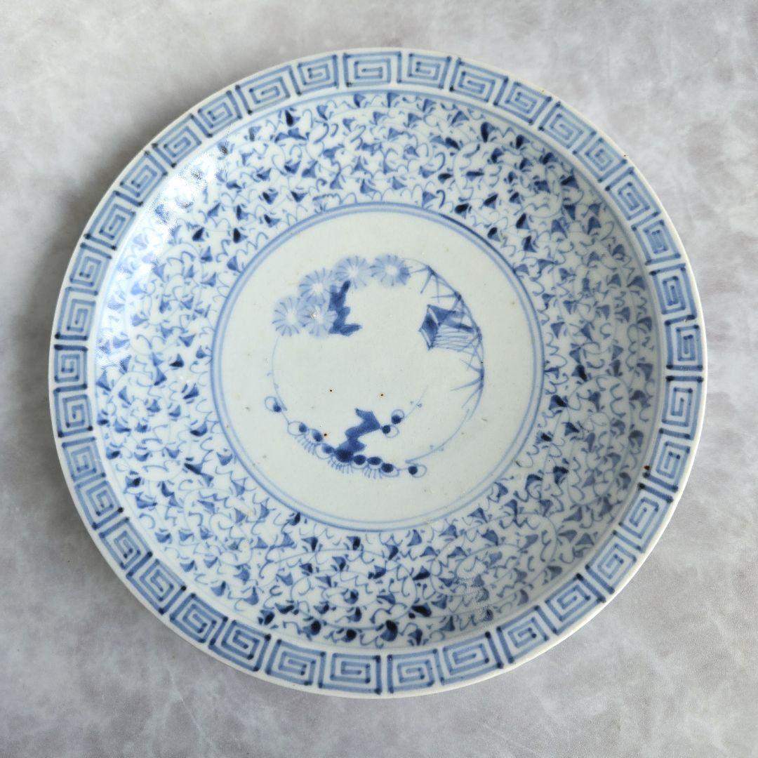 古伊万里　花唐草　七寸皿　江戸時代　染付　蛸唐草　金直し　金継ぎ　アンティーク